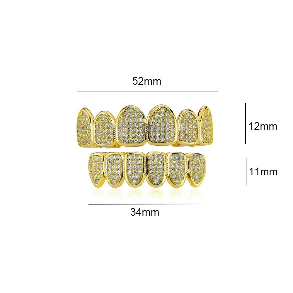 RACHELZ Trend 6/6 Iced Out CZ Stone Teeth Grillz Hip Hop Cubic Zircon Tooth Caps Decor For Women Men Jewelry Gift Dental Grill