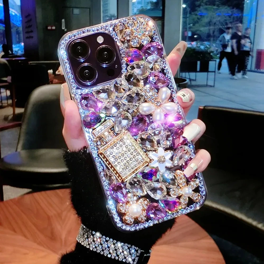 Rhinestone Perfume Bottle Cover for Samsung S23, S22, S24, S20, Note20, A42, A72, A73, A52, A82, Crystal, Flowers Case, Luxury