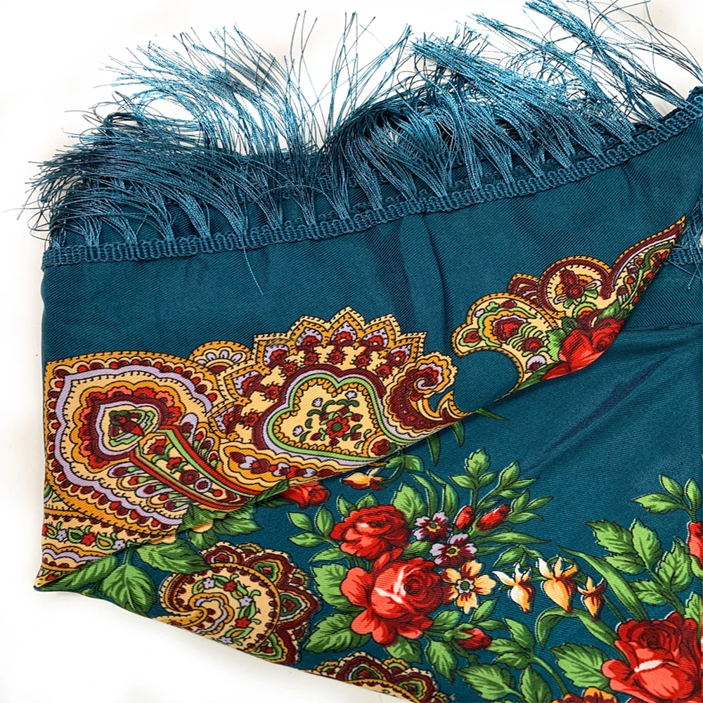 Bufanda cuadrada nacional rusa para mujer, pañuelo con estampado Floral de lujo, bufandas para la cabeza, bufandas de invierno con flecos, manta,