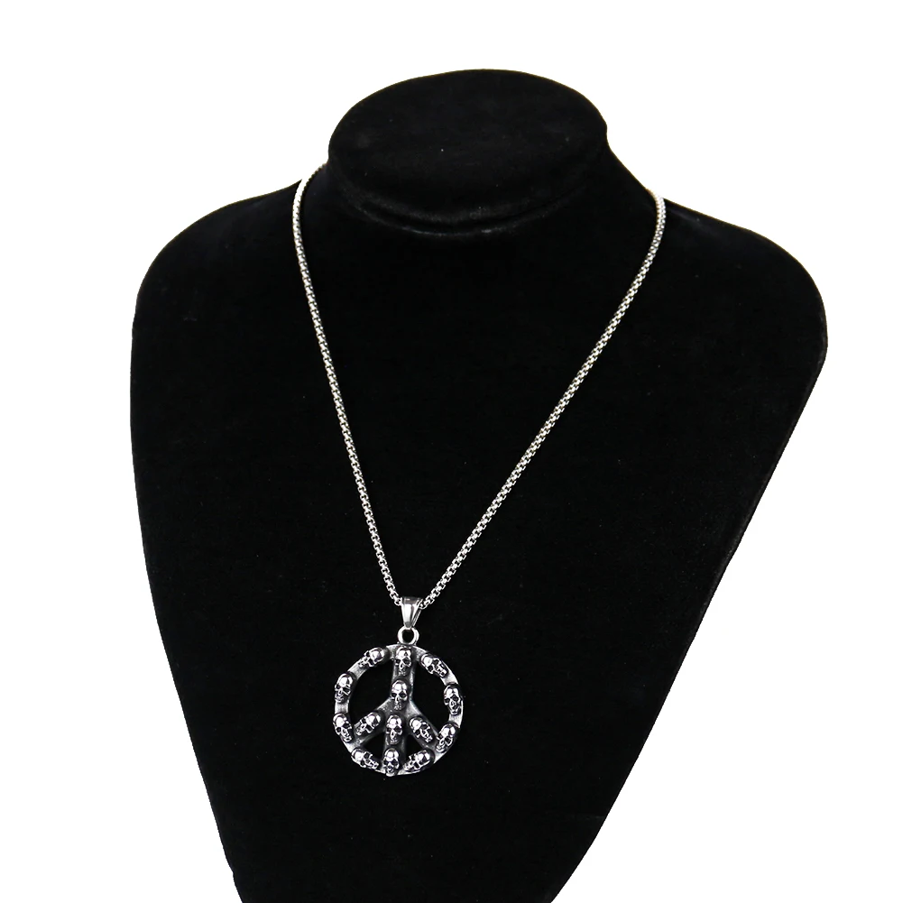 Round Stainless Steel Peace Necklace Skull Pendant Skeleton Satan Devil Demon Charms No War Punk Hip Hop Style Sweater Chain