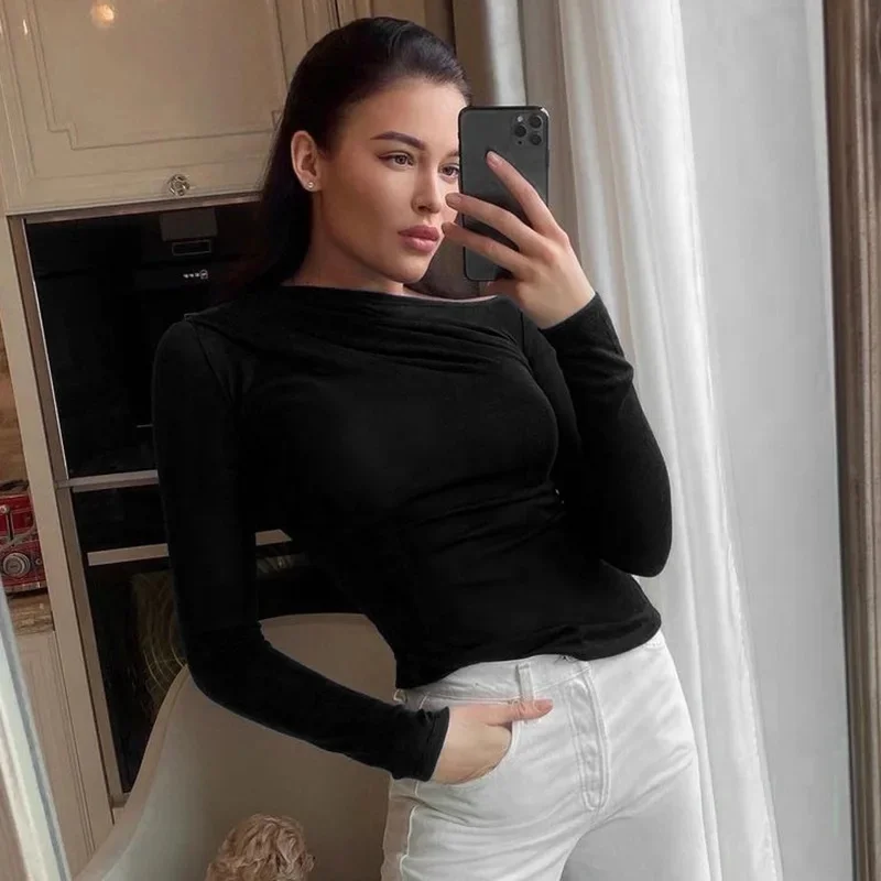 Langarm Top Weiße T-Shirts Frauen Basic Crop Top Herbst Pullover Solide Skew Neck T Shirt Streetwear Basic Schwarz Y2K Tees – Detail 11