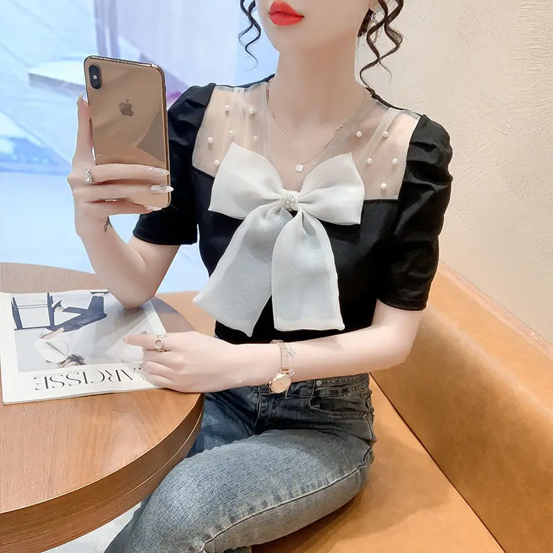 Sweet V-Neck Bow Spliced Gauze Beading Loose Shirt 2022 Summer New Chic Tops Oversized Elegant Female Clothing Commute Blouse