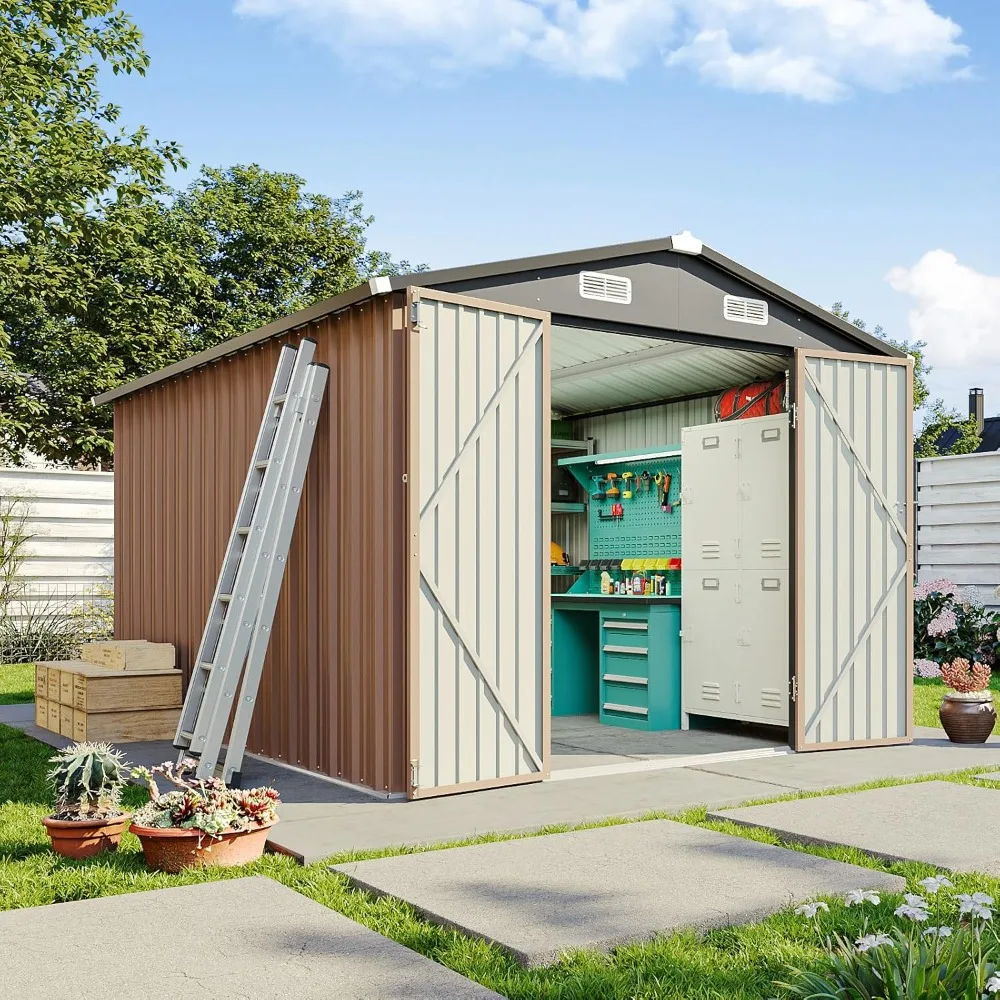 

8'x12' Shed Galvanized Steel Storage Sheds with Triple Doors Utility Sheds for Vertical Storage, Dual Lock Lean to Shed