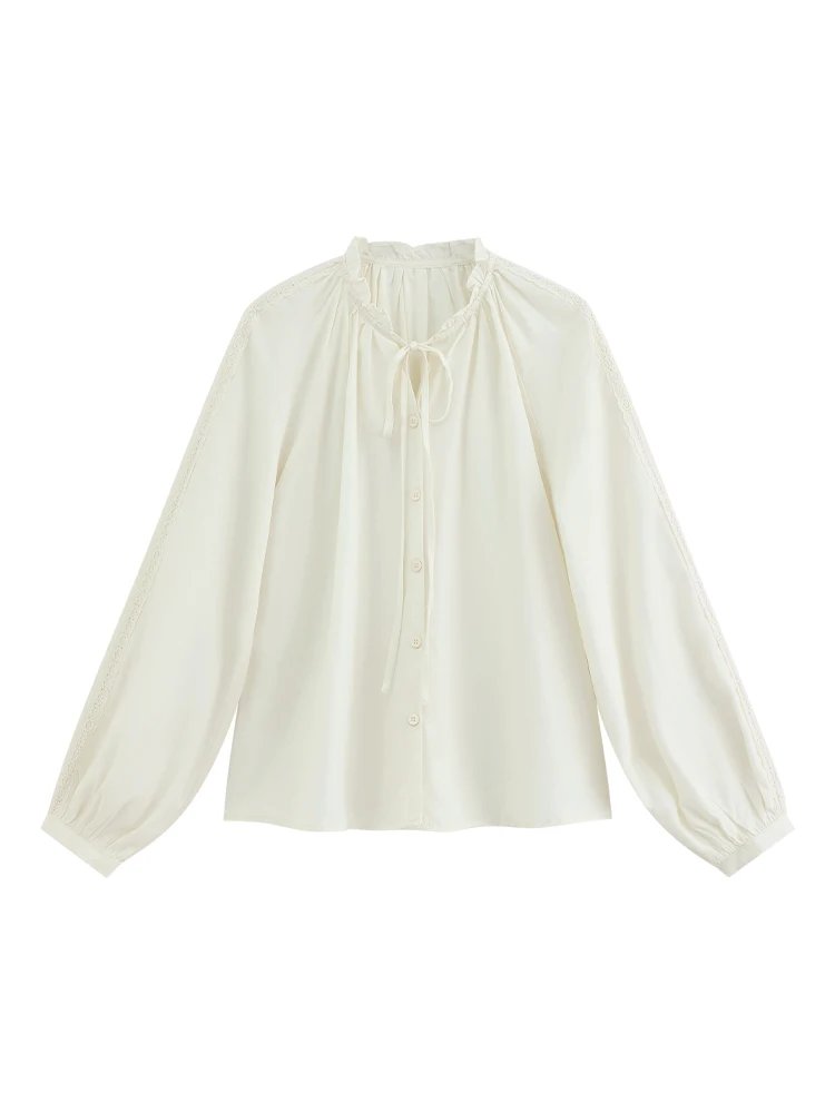 Elegant French Style White Long Sleeve Blouse for Women Spring Ruffled Stand Collar Loose Fit Button-Up Shirt with Lace Trim