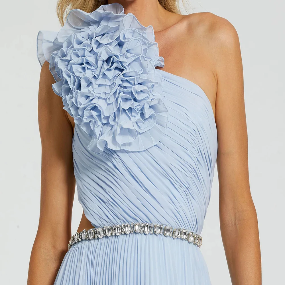 Op maat gemaakte A-lijn avondjurken Vloerlengte Mouwloze galajurk met één schouder Mode Kristallen plooi Bloemen Gedrapeerde feestjurk