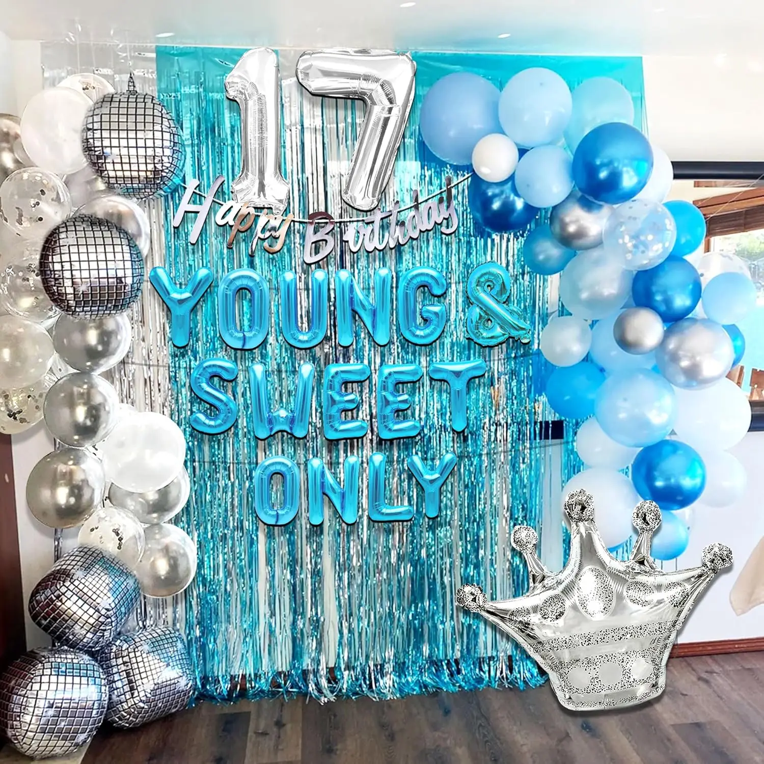 Laventy Zilver Blauw Jong En Lief Slechts 17 Verjaardagsdecoratie Jong En Lief Slechts 17 Banner Dansende Koningin Disco Ballonnen