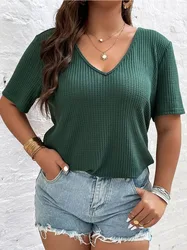 Plus Size Women's 1XL-8XL Fashionable Solid Color Short Sleeved Top Casual V-neck Knitted Short Sleeved T-shirt