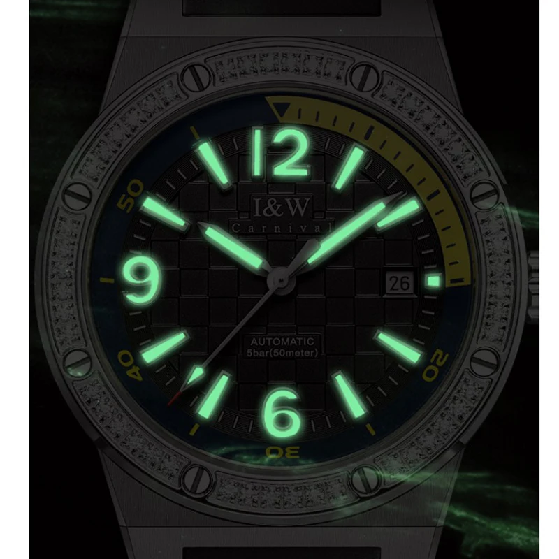 IW Sport Watch Men Fashion orologio da polso meccanico automatico militare con calendario impermeabile da 50M lancette luminose cinturino in gomma