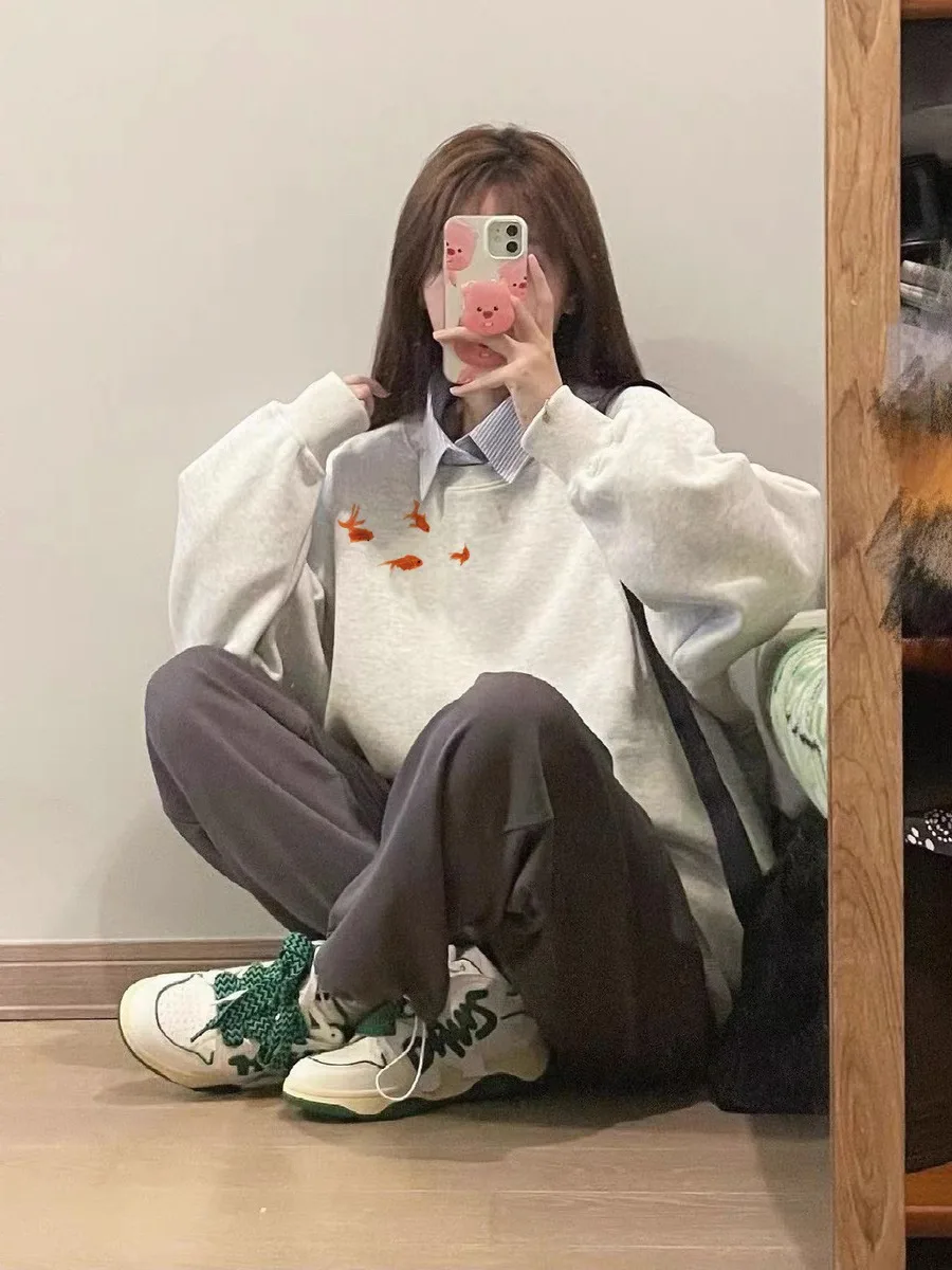 American Little Carp Print Sweatshirt Women Autumn 2025 New 100% Cotton Oversize O-Neck Hoodie Pullover Y2K Tops Ladies clothing