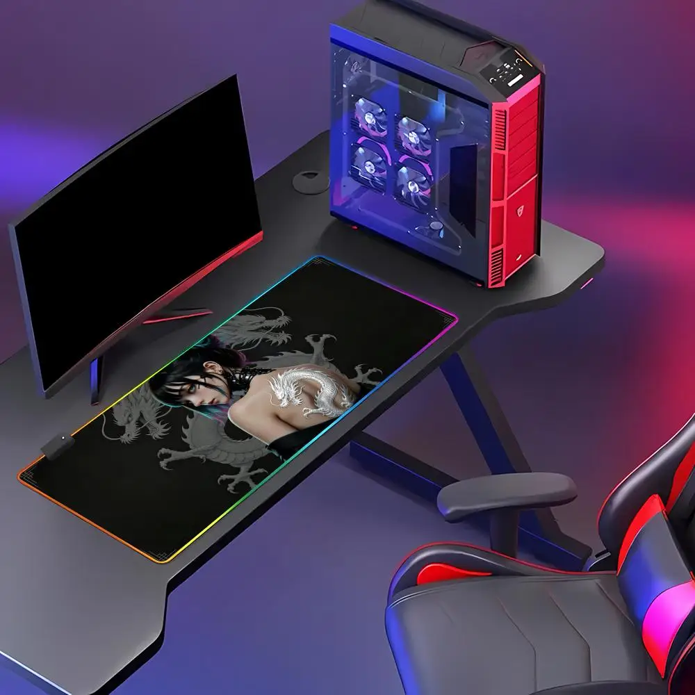 HYBXAXC Cyberpunk Dragon Tattoo Girl Mouse Pad,Cool Anime Desk Mat,Beautiful RGB Pad Large LED Light Non-Slip Gaming for Gamer