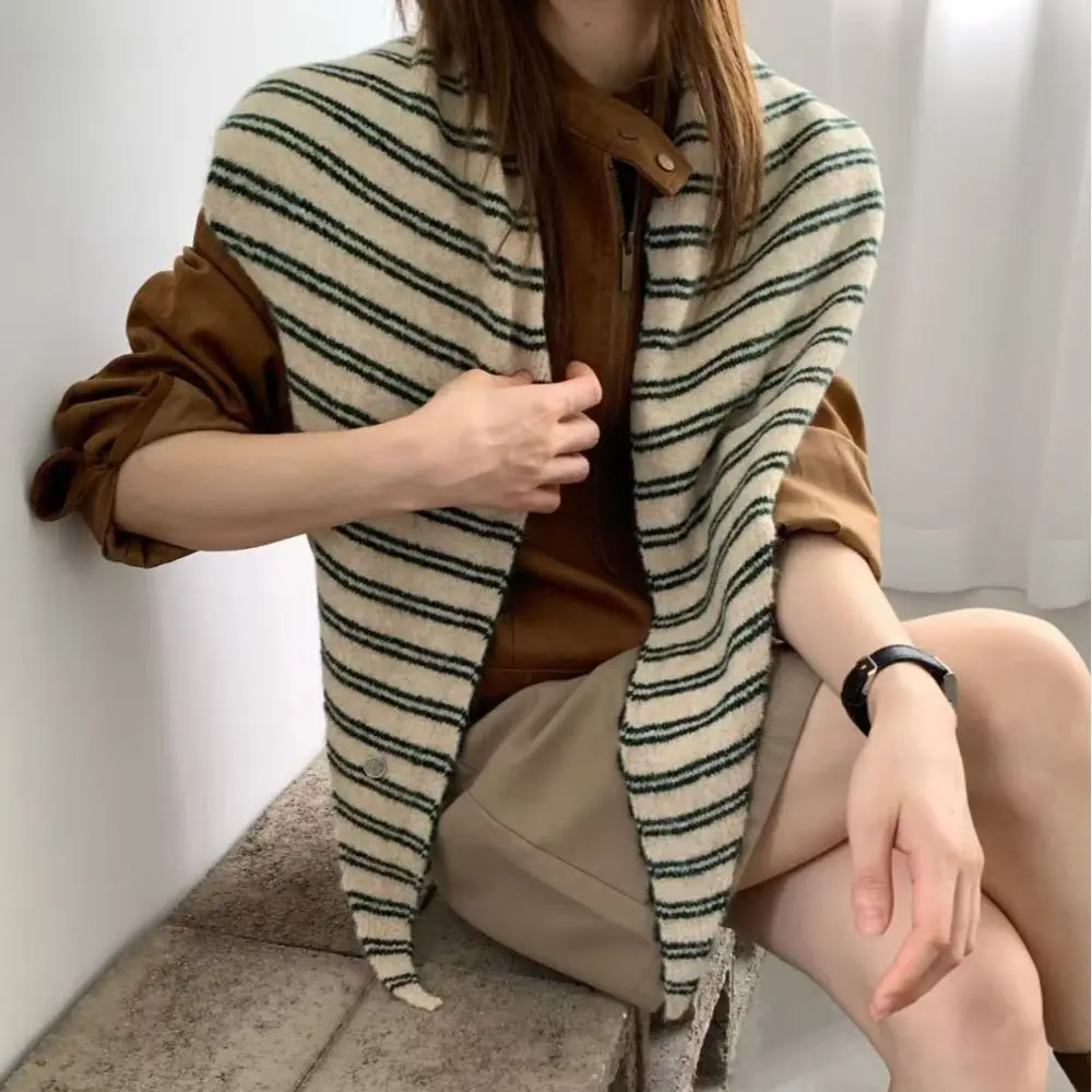 Simple Stripe Striped Triangle Scarf Neck Warmer Korean Large Knitted Shawl Retro Triangular Turban Clothing Accessories