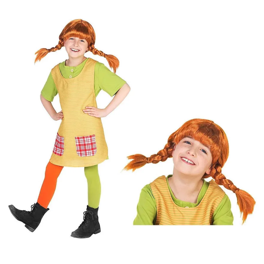 Long Socks Costume - Yellow Striped Dress with Green Shirt, Red Plaid Pocket Socks, Halloween and Book Character Cosplay Costume view 4