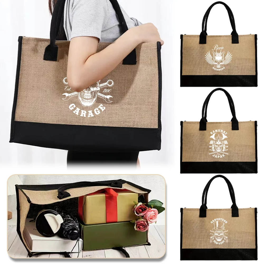 

Burlap Jute Tote Bag Vintage Reusable Grocery Shopping Handbags Fashion Commuting Flax Crossbody Skull Printing Series