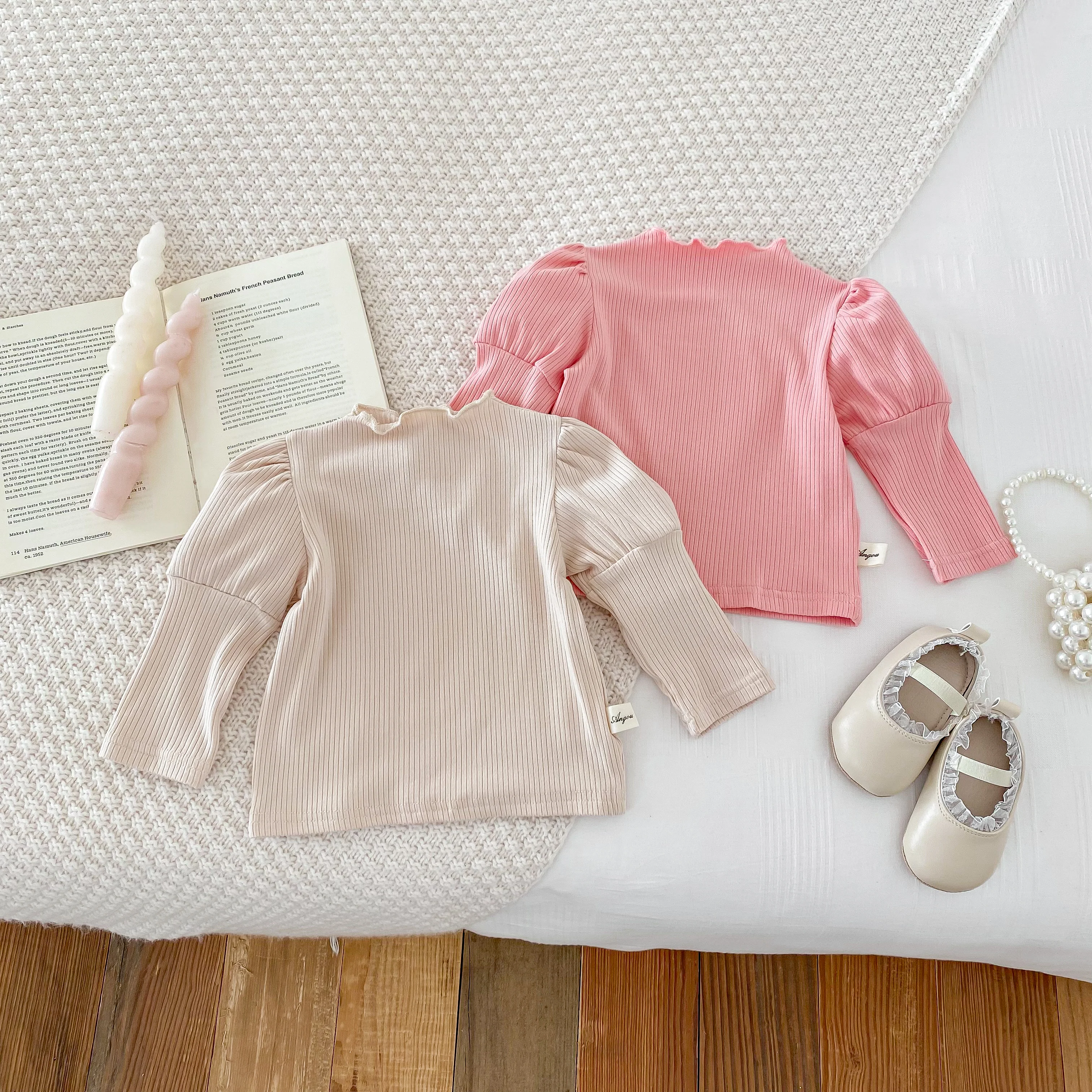 Baby Mandarin Collar Ruffled Puff Sleeve T-Shirt, Korean Style Girls' Top, Baby Girl Autumn Underwear