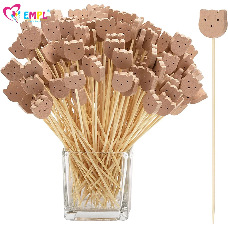 Bear Toothpicks Disposable Bamboo Skewers Cocktail Sticks 100Pcs Food Fruit Skewers Cake Dessert Salad Sticks Party Decorations