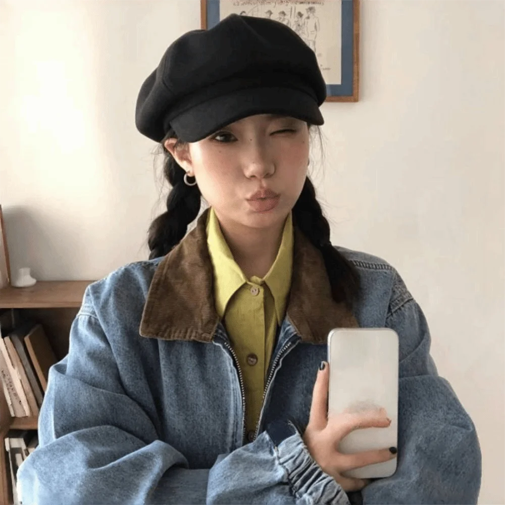 패션 오리혀 레트로 베레모 모자 단색 JK 빈티지 뉴스보이 캡 Y2k 팔각형 페인터 캡 여성용