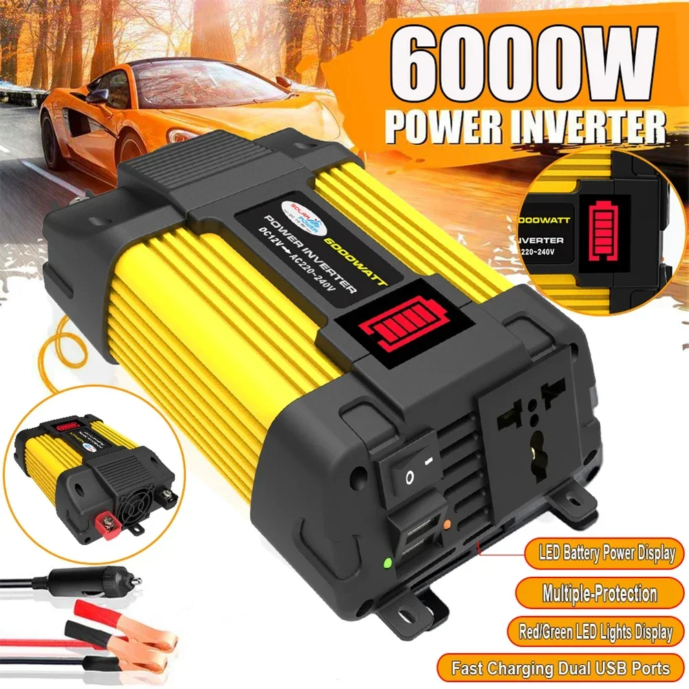 6000W Car Power Inverter Led Voltage Capacity Display Transformer Converter 12V To 110 220V Dual Usb For Appliances