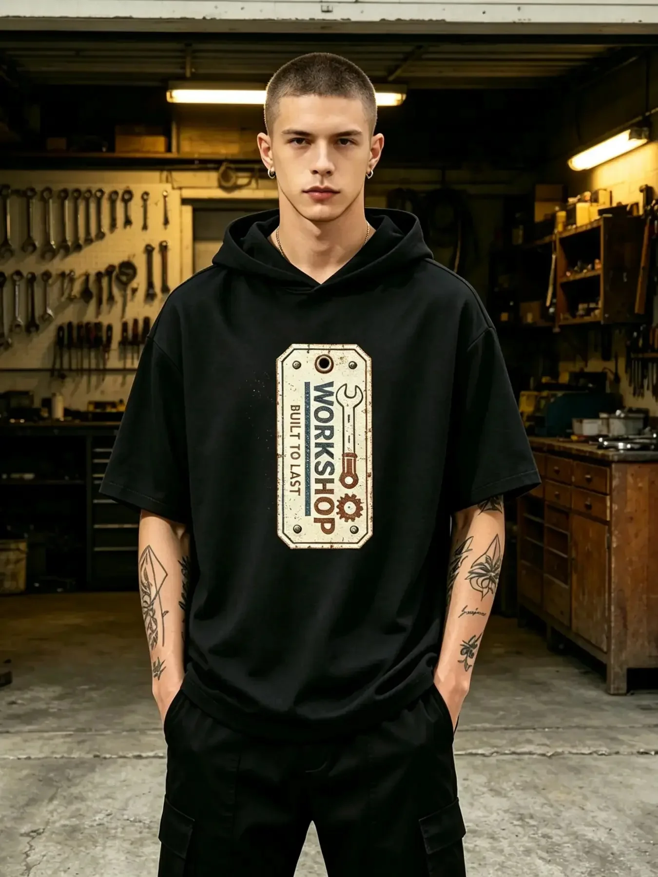 Men's Loose Fit Short Sleeve Hooded Tee, Vintage Workshop Wrench Gear Graphic Pullover Hoodie, Built To Last Retro Mechanic Lightweight Casual Workwear Shirt
