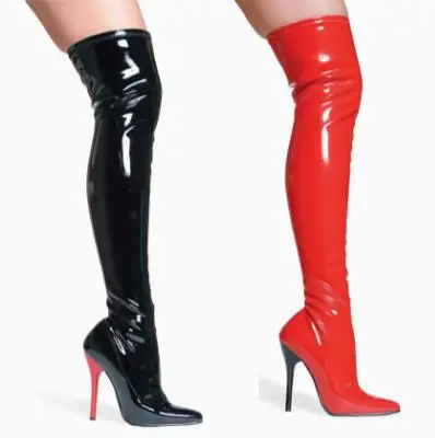 

Sexy Women Black Red Solid Shiny Leather Over The Knee Boots Female Pointed Toe 12 CM Stiletto Heel Slim Stretch Thigh Boots