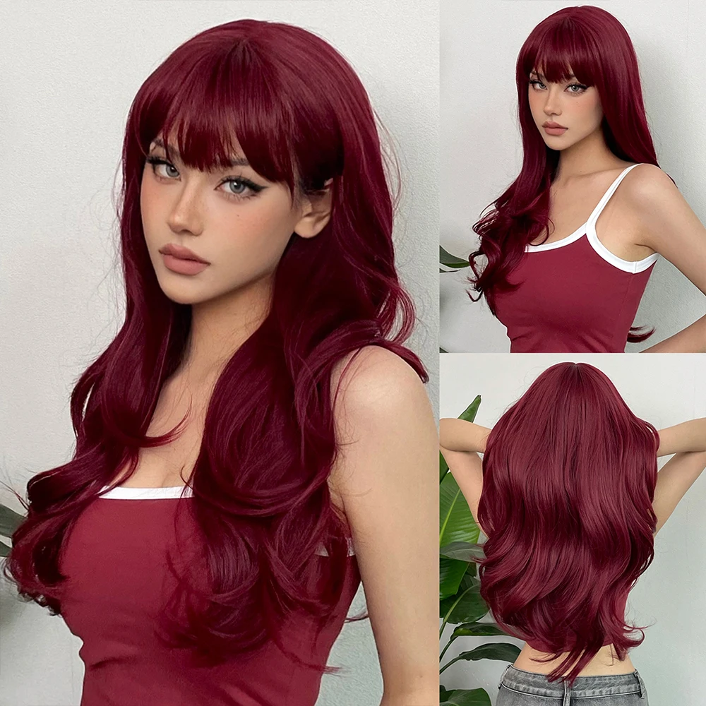 Long Wavy Burgundy Red Wig with Full Bangs for Women Natural Vibrant Red Synthetic Hair Heat Resistant Soft Bouncy Curls