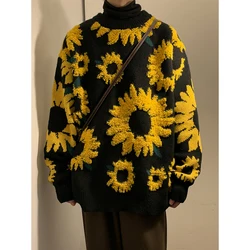 Jersey de cuello redondo para hombre, suéter cálido con patrón de girasol, suelto, informal, de punto grueso, Unisex, para pareja, Invierno