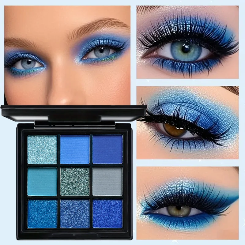 Blaue Lidschatten-Palette mit 9 Gittern, glitzernd, perlmuttartig, matt, Lidschatten, Schimmer, Make-up, langlebig, für Damen, Schönheit, Augenkosmetik