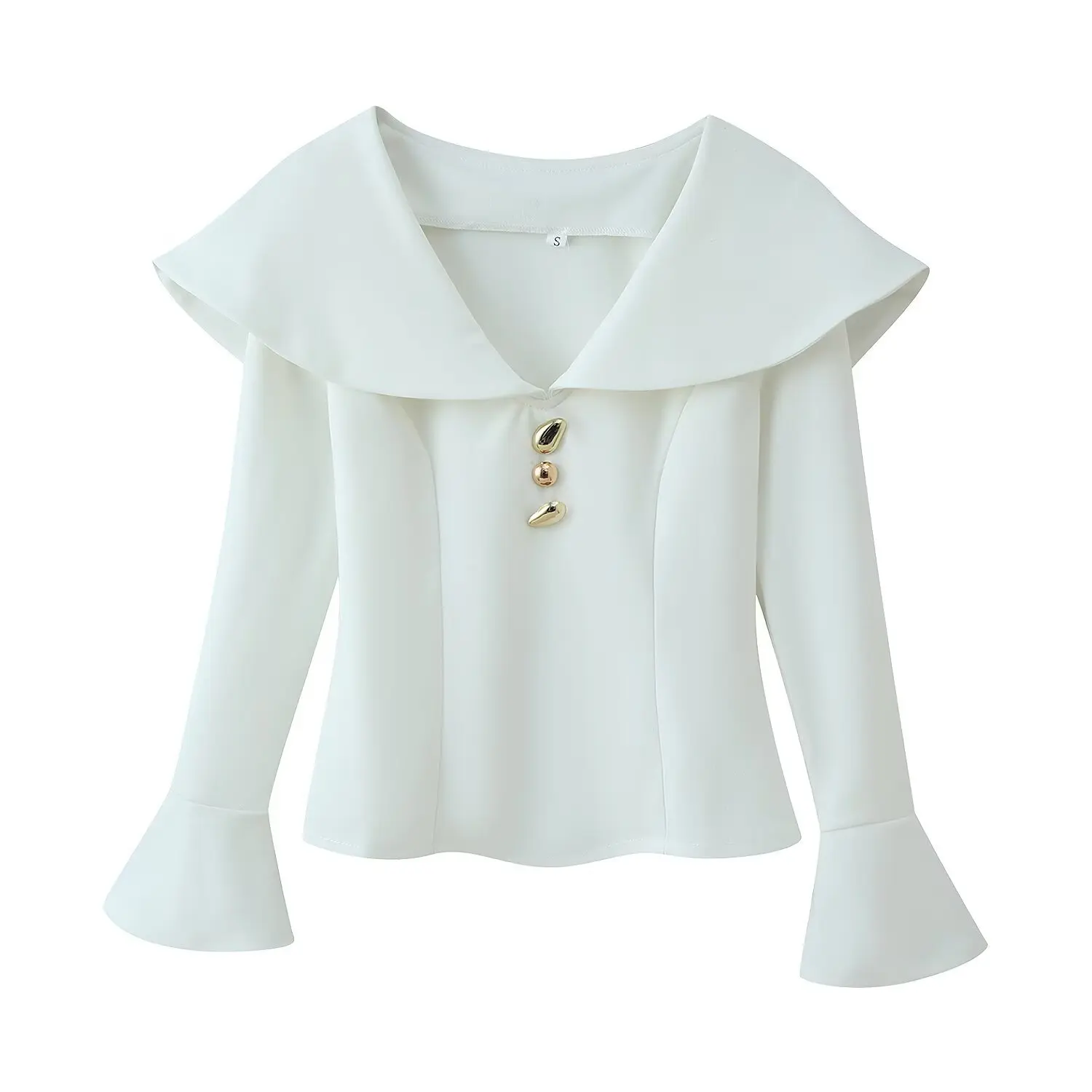 

Женская белая блузка с большим воротником, золотыми декоративными пуговицами, расклешенными длинными рукавами, облегающий топ для офиса и вечеринок, повседневная одежда 2JZX