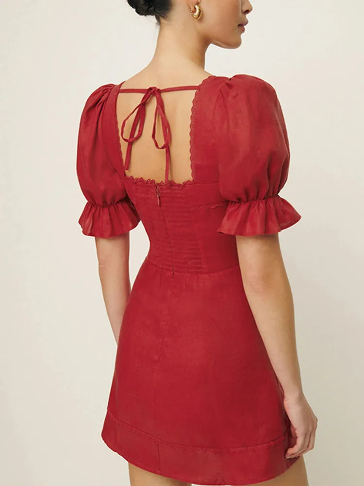 ruffles-women-square-collar-mini-dress-a-line-red-linen-temperament-backless-lace-up-2024-summer-robe-for-female