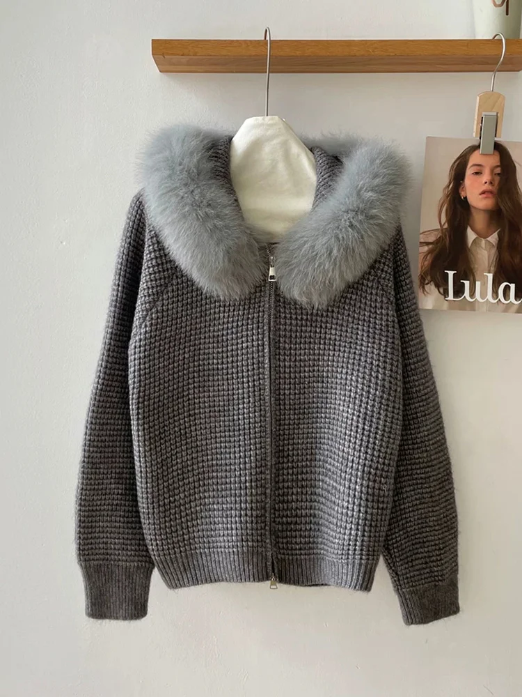 2026 Spring Autumn Women Natural Real Fox Fur Collar Cardigan Hooded Jacket Fur Decoration Lady's Sweater Coat - view 4