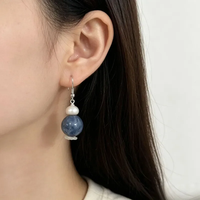 French cold blue stone pearl ear hook retro natural stone freshwater pearl pendant earrings simple versatile earrings women