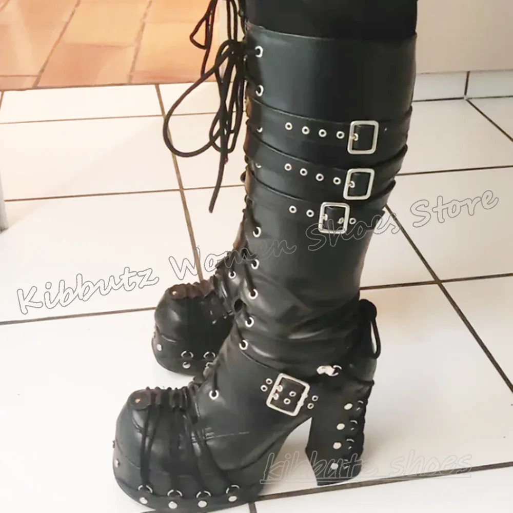 

Knee High Boots Platform Gothic Punk Rock Fashion Novelty Sexy Women Shoes New Leather Solid Color Lace-Up Round Toe Chunky Heel