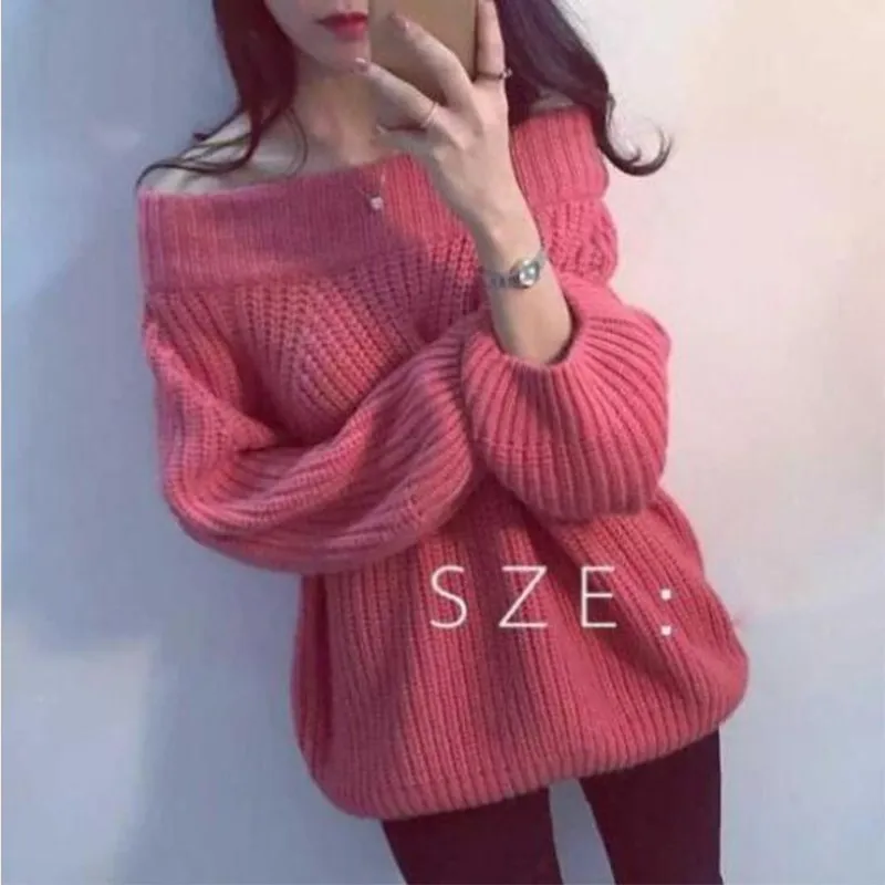 

Hot Sale New Autumn Winter European Fashion Small Same Type One-word Collar Open Shoulder Pullover Medium-length Knitted Sweater