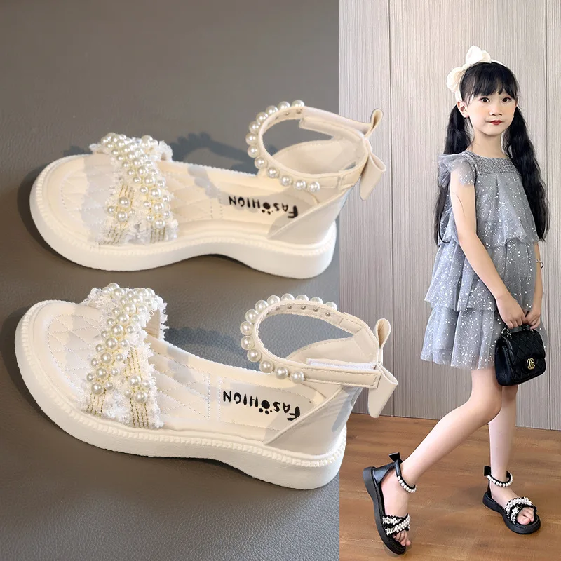 

Rhinestone Children's Sandals for Girls Shoes for Kids Gladiator Summer Soft Flat Heels Beach Princess Fashion Bow Beaded Shoes