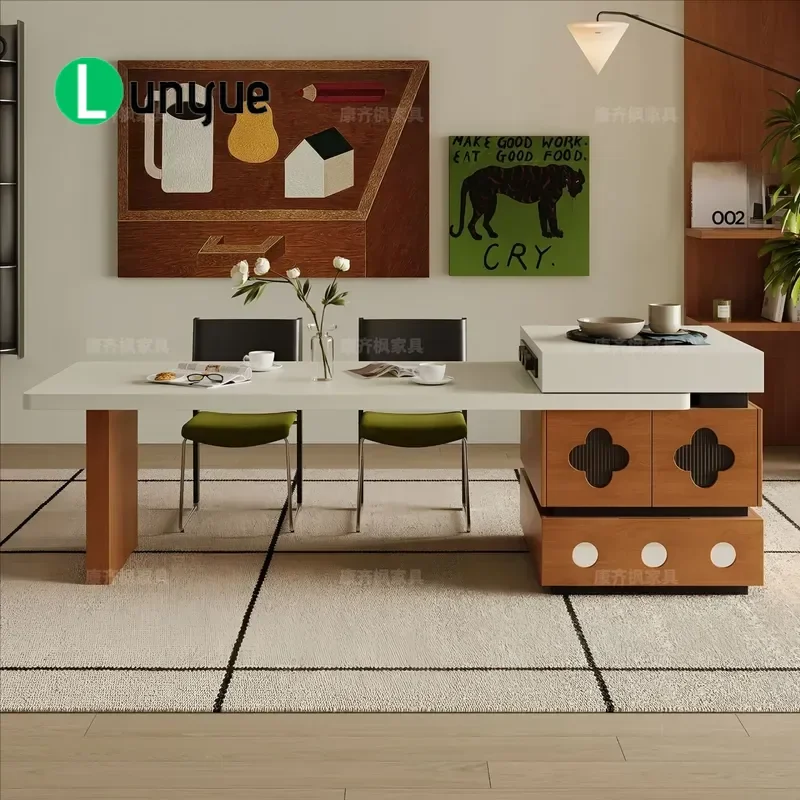 Medieval Style Retractable Dining Table with Rock Slab Top Solid Wood Frame New Retro Design Space Saving for Home Kitchen