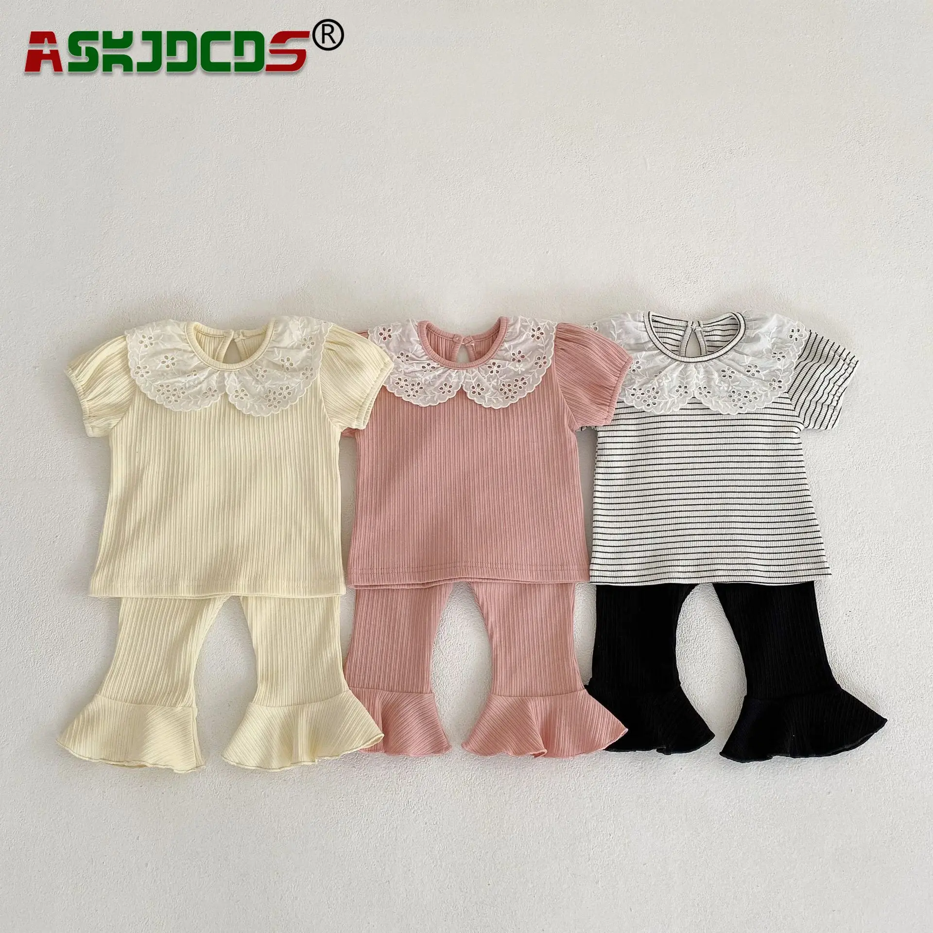 

2023 newest summer infant princess short sleeve striped top tees solid color flare pants children clothing kids 0-3Years old