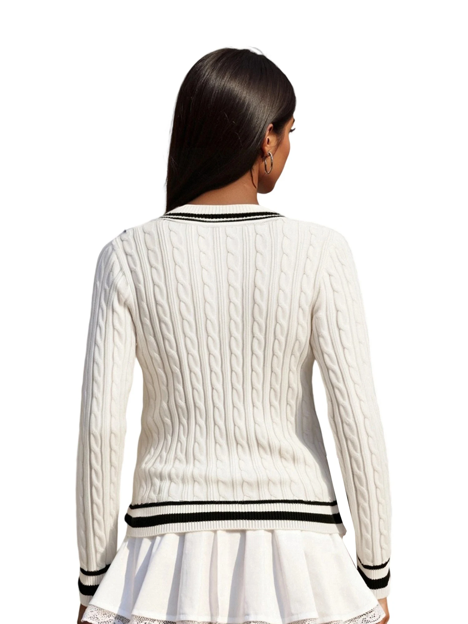 Maglione lavorato a maglia a trecce con scollo a V a maniche lunghe con stampa geometrica da donna. Top pullover autunnali