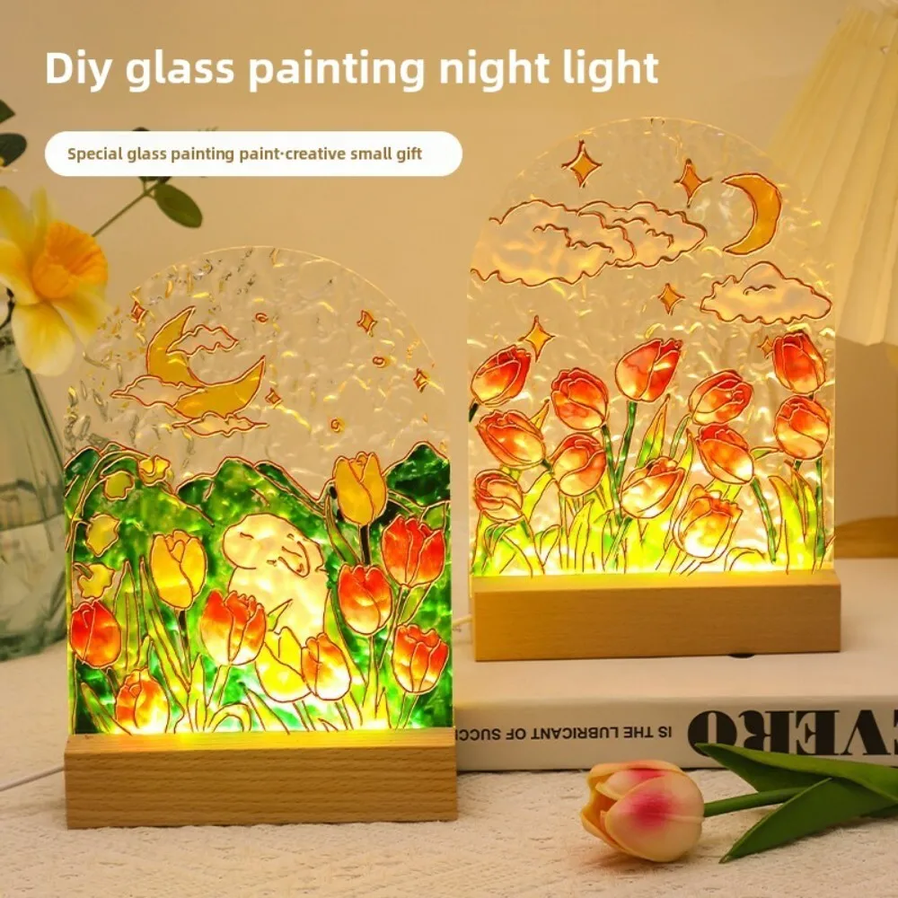 

Tulip Glass Painting Night Light DIY Kit with Transparent Acrylic Board for Water Ripple Effect Home Decor Atmosphere Lighting
