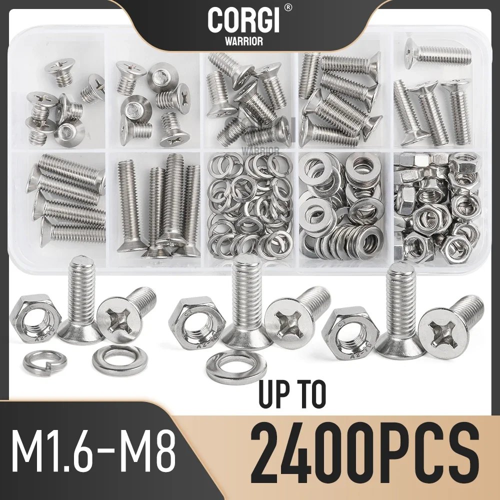 Up to 2400 Countersunk Flat Head Phillips Machine Screws Nuts Assortment Kit M1.6 M2 M2.5 M3 M4 M5 M6 M8 Stainless Steel Bolt