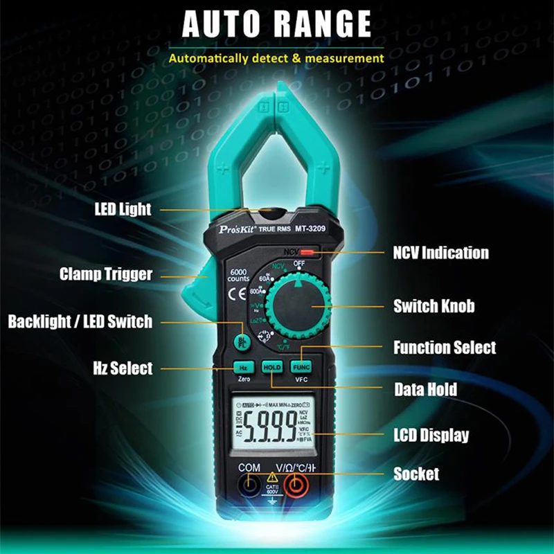 Pro'sKit MT-3209 Digital Clamp Meter AC DC Ammeter Pliers NCV True RMS Clamp Multimeter HVAC Tools Electrician Multi Tester