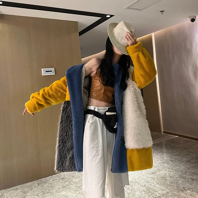 Fashion Trend Imitation Fur Coat Winter Fur Integrated Tuscan Contrasting Lapel Coat Women