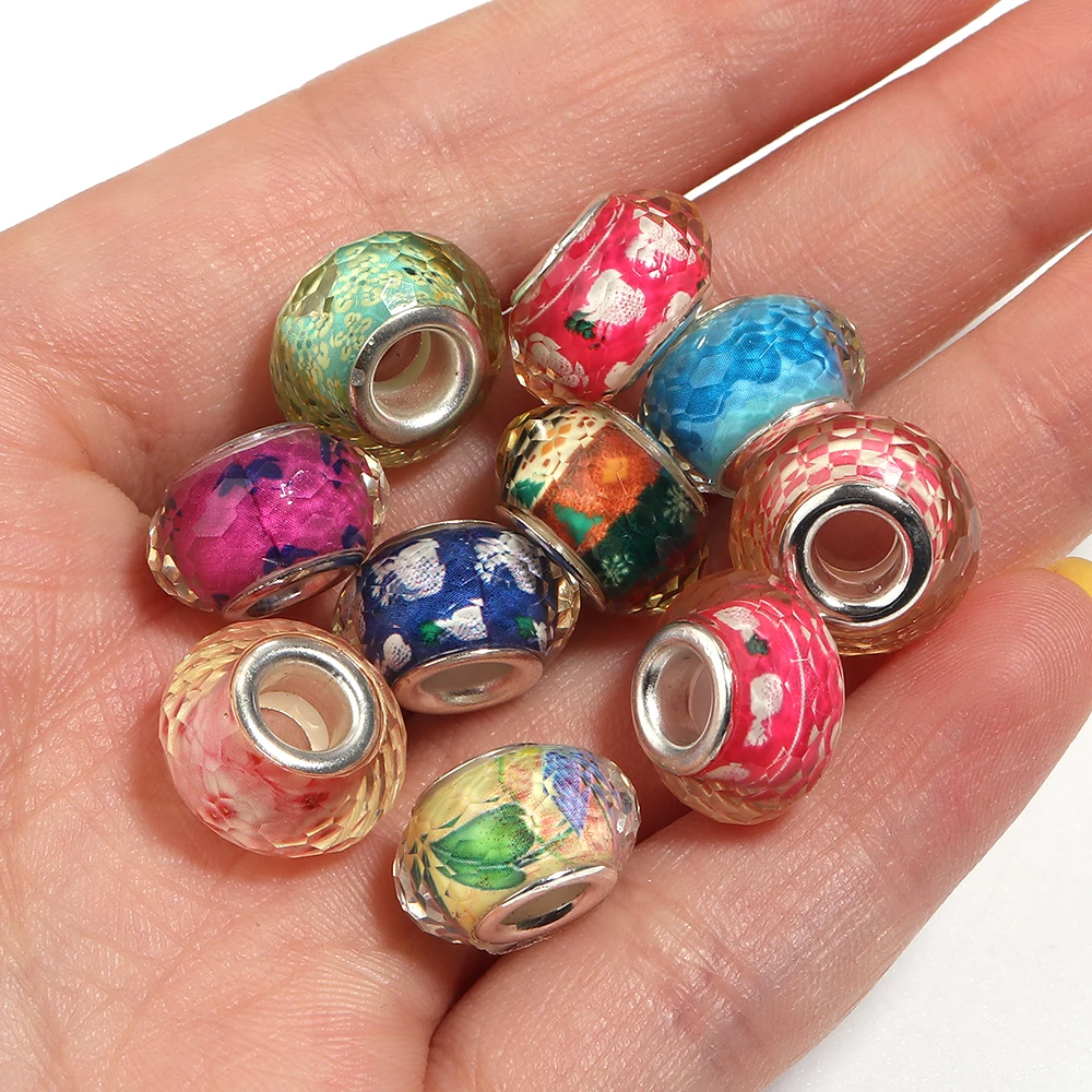 10pcs Faceted Resin European Beads Printed Glitter Powder Large Hole Rondelle Spacers for DIY Bracelet Pendant Keychain