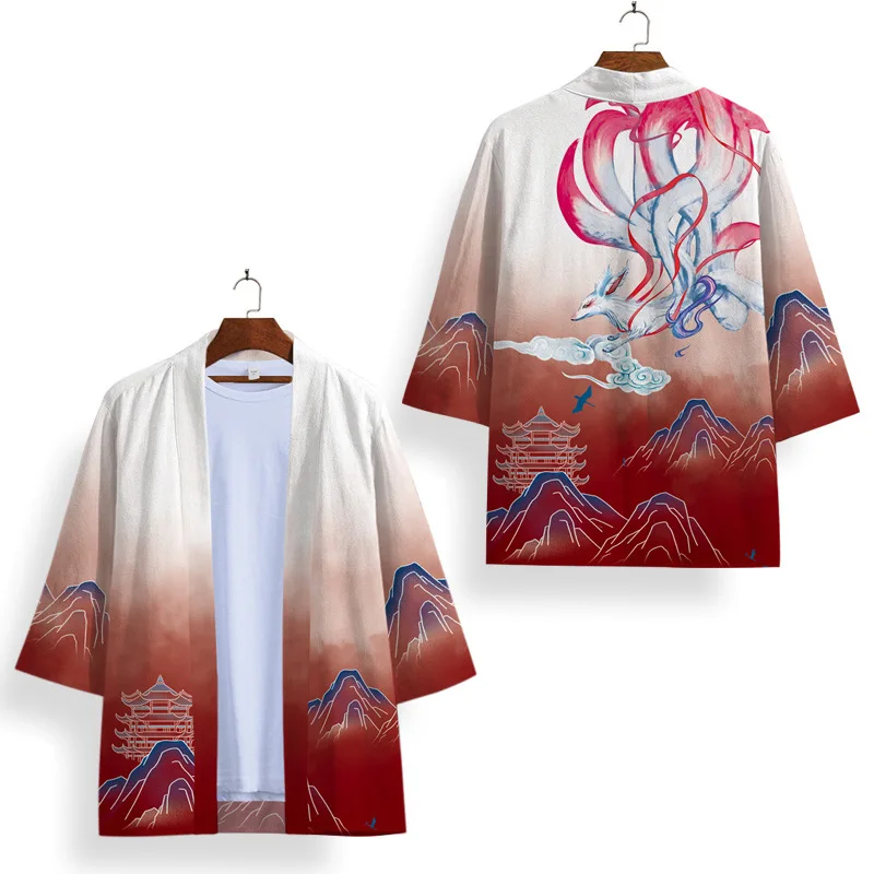 

Новое поступление лета, модный национальный Sle Mountain Water Print f Sve Harajuku, кимоно, пальто, халат с перьями, открытый кардиган