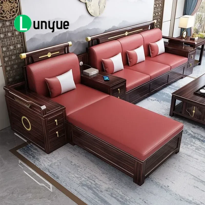 New Chinese Style Ebony All Solid Wood Sofa Set Modern Light Luxury Corner High Box Storage Furniture for Small Apartment