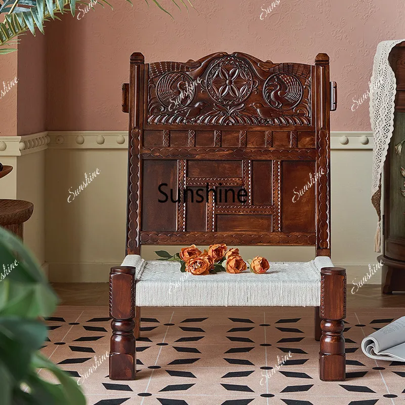 

Medieval high backrest solid wood carving flower weaving handmade antique sofa chair
