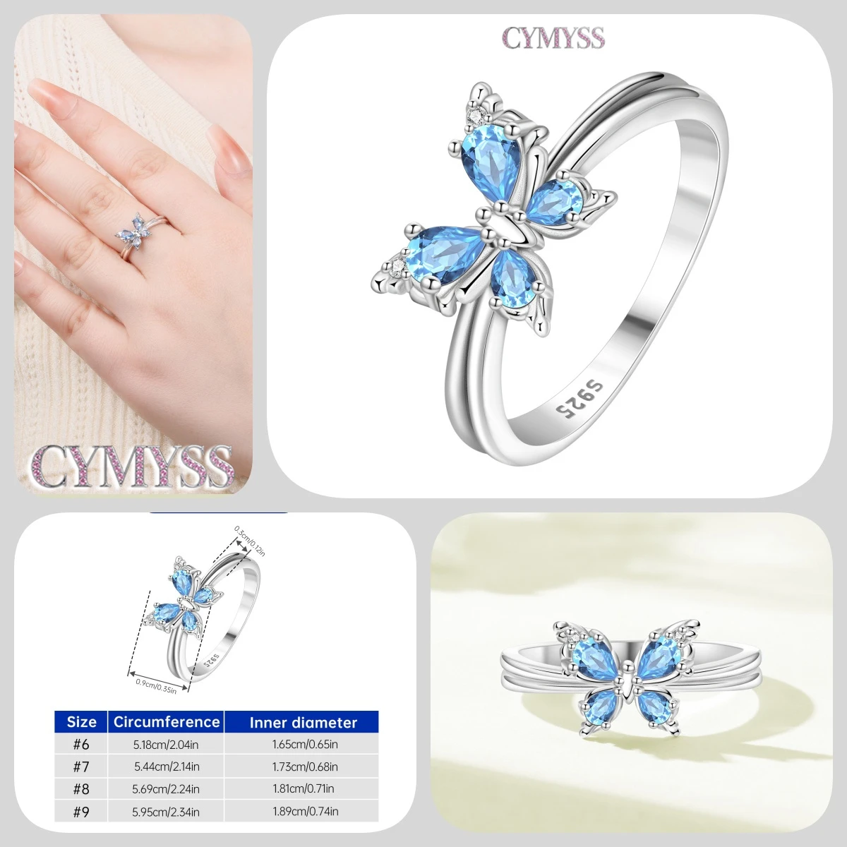 핫세일 S925 스털링 실버 꽃 나비 반지 여성용 사이즈 6 7 8 9 정교한 클로즈드 링 생일 웨딩 선물용
