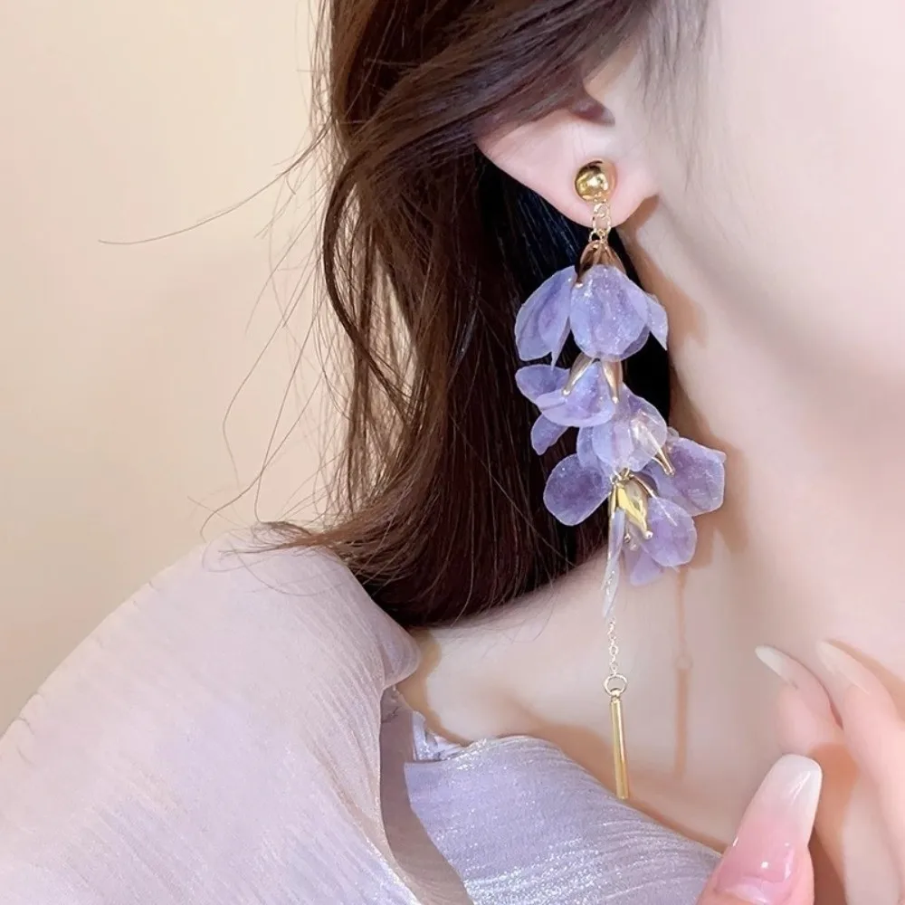 Gift Sweet Flower Earrings Tassel Blue Long Tassel Earrings Organza Korean Style Yarn Mesh Earrings Holiday