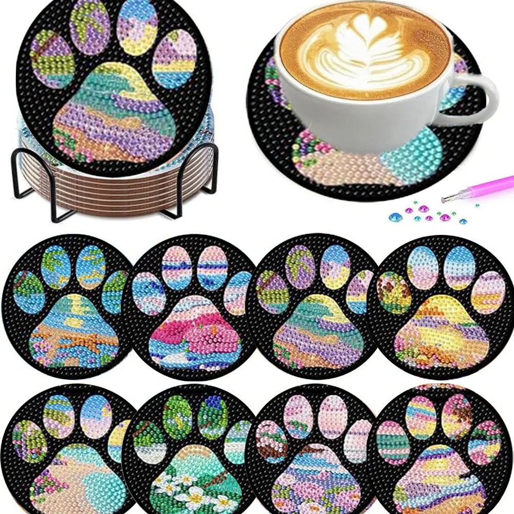 8 Pieces/Set of Diamond Painting Coaster Set, Paw print Patterned Coaster (With Holder) - DIY Handmade Diamond Art Set for Home