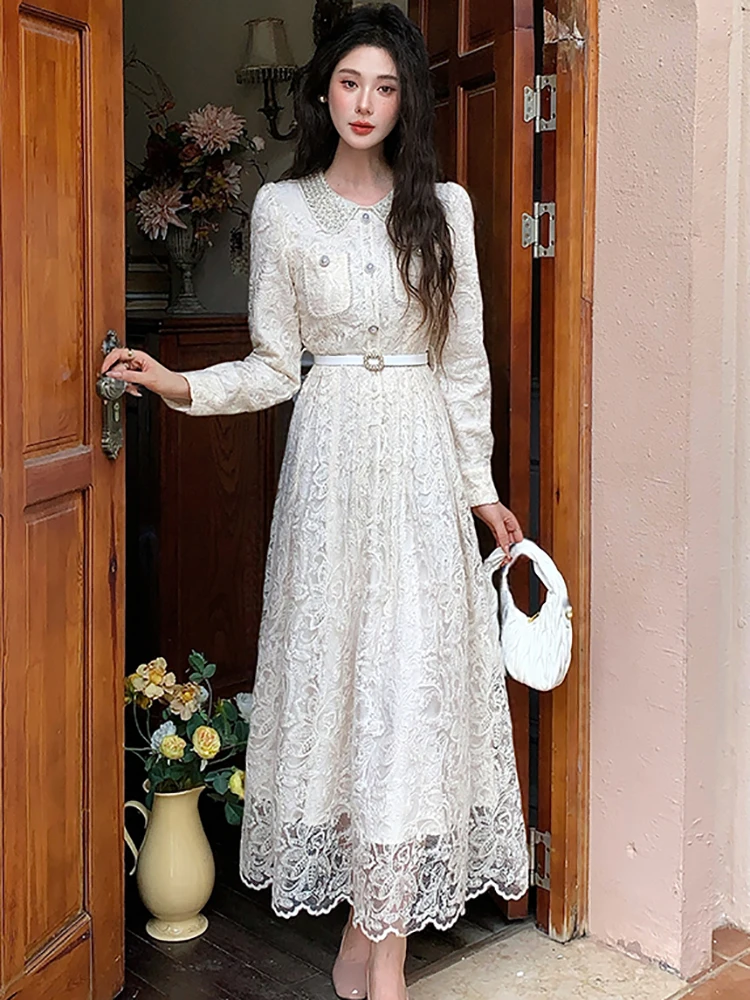 Vestido internacional de encaje Jacquard para mujer, ropa de fiesta ajustada de manga larga para otoño, vestido de fiesta de Festival de lujo coreano 2025