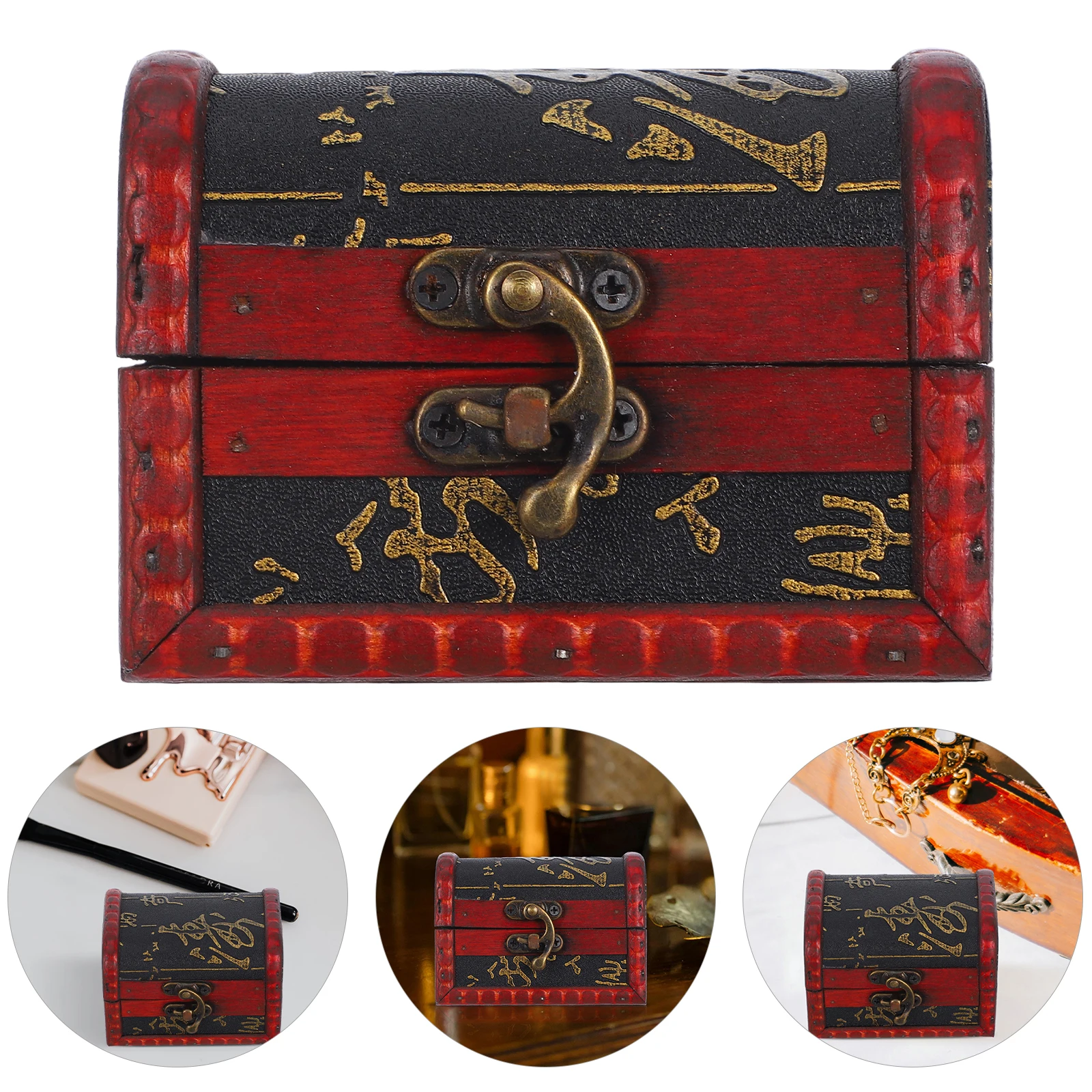 

Wooden Treasure Chest Ornament Box Vintage Trinket Jewelry Storage Case Small Happy Candy Organizer with Metal Lock