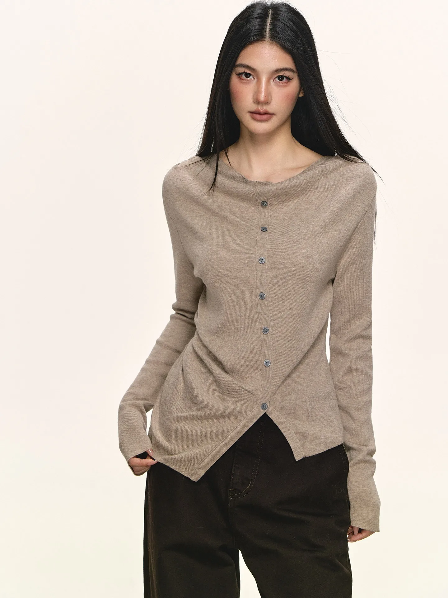 

Anna Aneae Vintage Sle Slim Fit Knitwear Women's Long Sve Button up Asymmetrical Neline Woolen Top for Spring